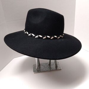 black wool felt fedora hat with black and white braided belt band